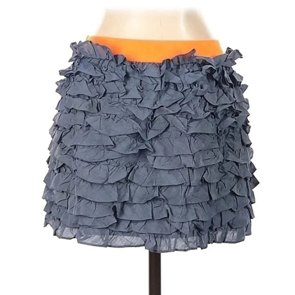 J. Crew Cotton Lucca Chambray Tiered Ruffle Mini Skirt Neon Waistband Size XS - Picture 3 of 6